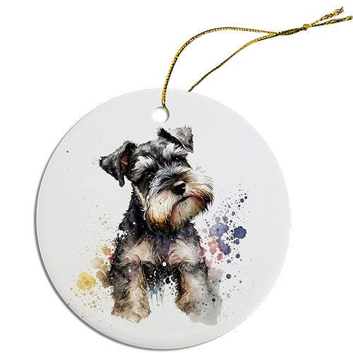 Ceramic round Christmas ornament featuring a Schnauzer design with a golden string for hanging.