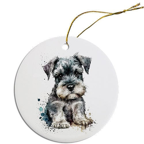 Ceramic round Christmas ornament featuring a Schnauzer design with a golden string for hanging.