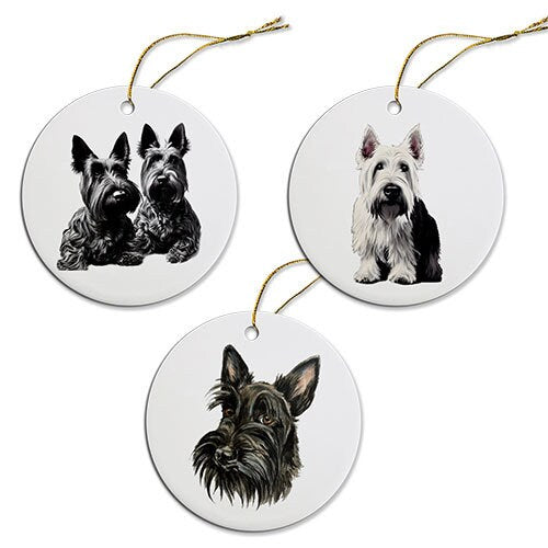 Ceramic round Christmas ornament featuring a Scottish Terrier design with a golden string for hanging.