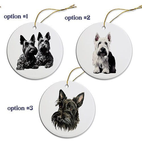 Ceramic round Christmas ornament featuring a Scottish Terrier design with a golden string for hanging.