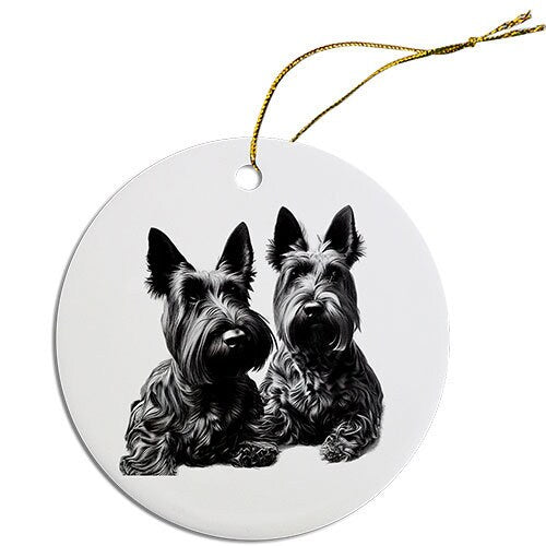 Ceramic round Christmas ornament featuring a Scottish Terrier design with a golden string for hanging.