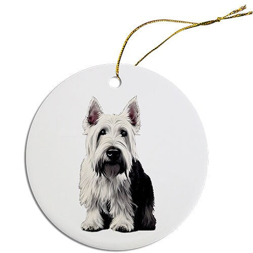 Ceramic round Christmas ornament featuring a Scottish Terrier design with a golden string for hanging.