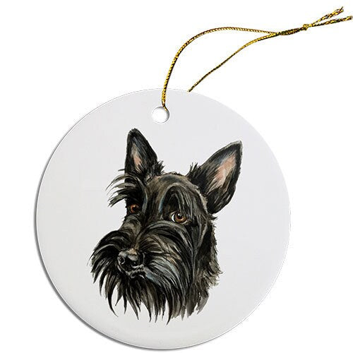 Ceramic round Christmas ornament featuring a Scottish Terrier design with a golden string for hanging.