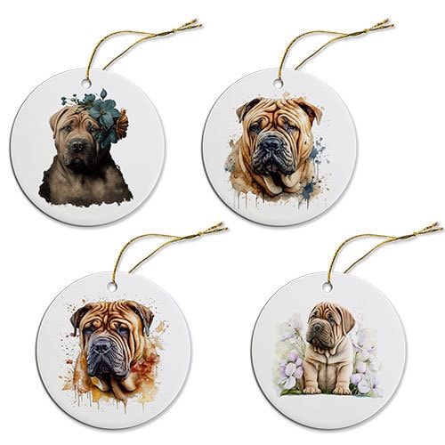 Ceramic round Christmas ornament featuring a Shar-Pei dog design with a golden string for hanging.