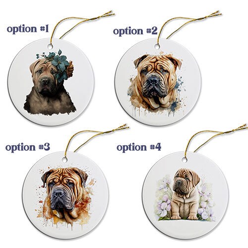 Ceramic round Christmas ornament featuring a Shar-Pei dog design with a golden string for hanging.