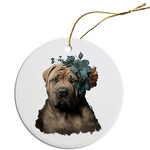 Ceramic round Christmas ornament featuring a Shar-Pei dog design with a golden string for hanging.
