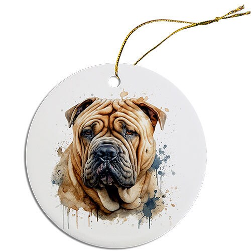 Ceramic round Christmas ornament featuring a Shar-Pei dog design with a golden string for hanging.