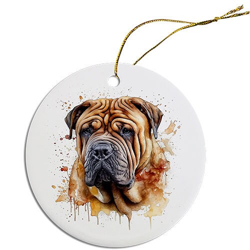 Ceramic round Christmas ornament featuring a Shar-Pei dog design with a golden string for hanging.