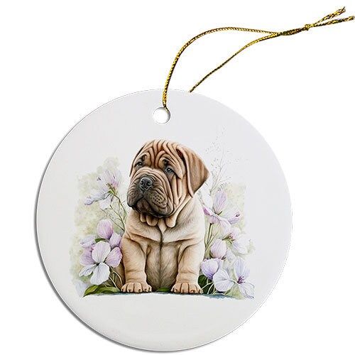 Ceramic round Christmas ornament featuring a Shar-Pei dog design with a golden string for hanging.