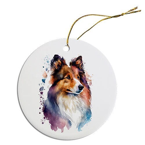 Ceramic round Christmas ornament featuring a Sheltie dog design with a golden string.