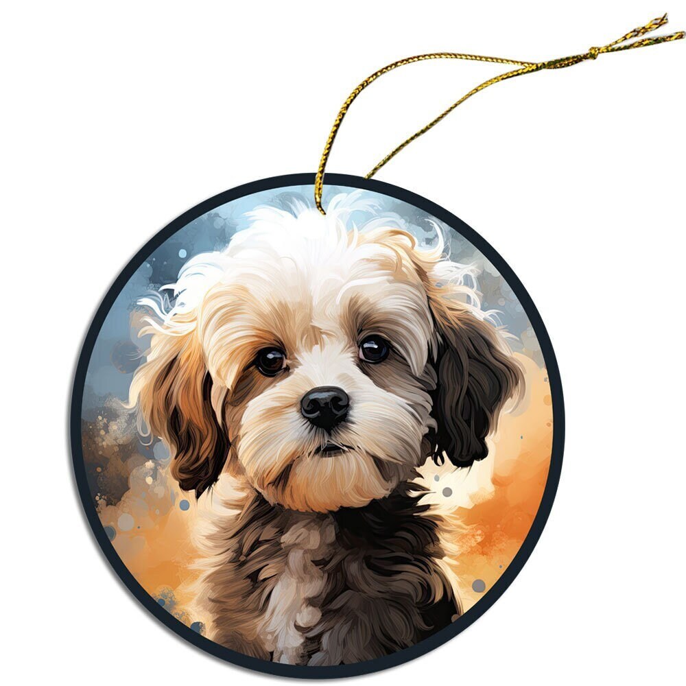 Ceramic round Christmas ornament featuring a Shih Poo design with a golden string.