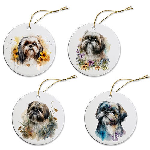 Ceramic round Christmas ornament featuring a Shih Tzu design with a golden string for hanging.