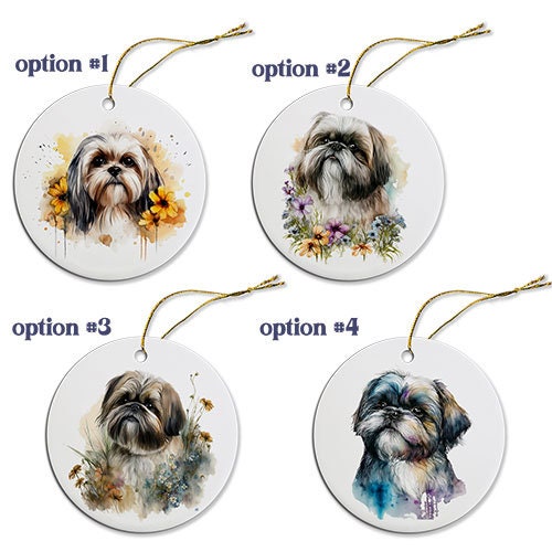 Ceramic round Christmas ornament featuring a Shih Tzu design with a golden string for hanging.