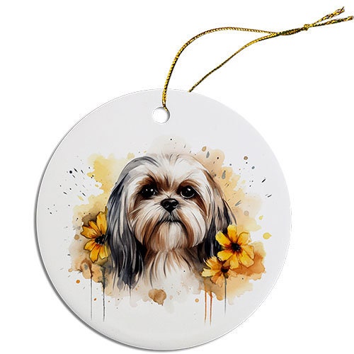 Ceramic round Christmas ornament featuring a Shih Tzu design with a golden string for hanging.