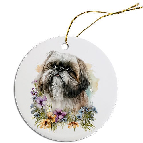 Ceramic round Christmas ornament featuring a Shih Tzu design with a golden string for hanging.