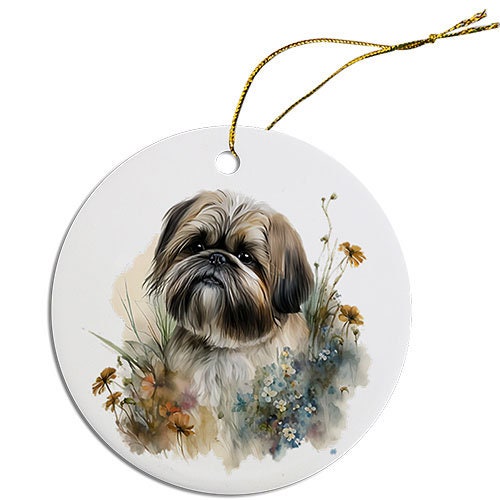 Ceramic round Christmas ornament featuring a Shih Tzu design with a golden string for hanging.