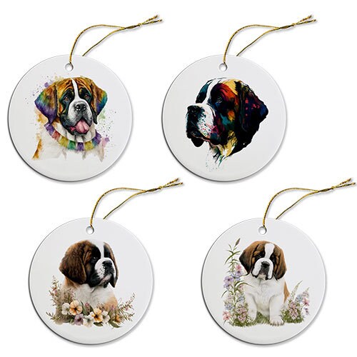 Ceramic round Christmas ornament featuring a St. Bernard dog design with a golden string.