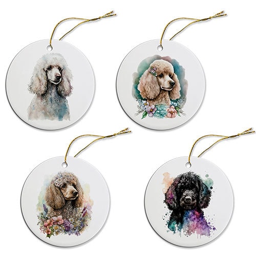 Ceramic round Christmas ornament featuring a Toy Poodle design with a golden string.