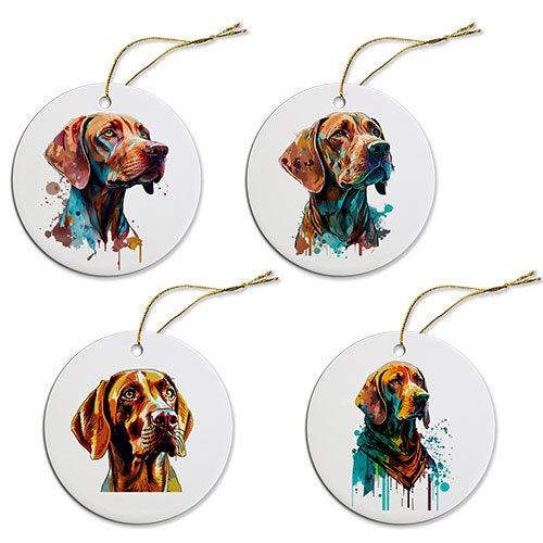 Ceramic round Christmas ornament featuring a Vizsla design with a golden string for hanging.