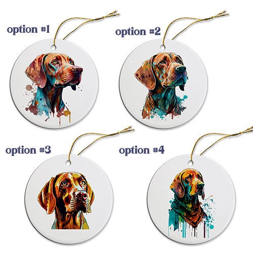 Ceramic round Christmas ornament featuring a Vizsla design with a golden string for hanging.