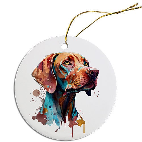 Ceramic round Christmas ornament featuring a Vizsla design with a golden string for hanging.