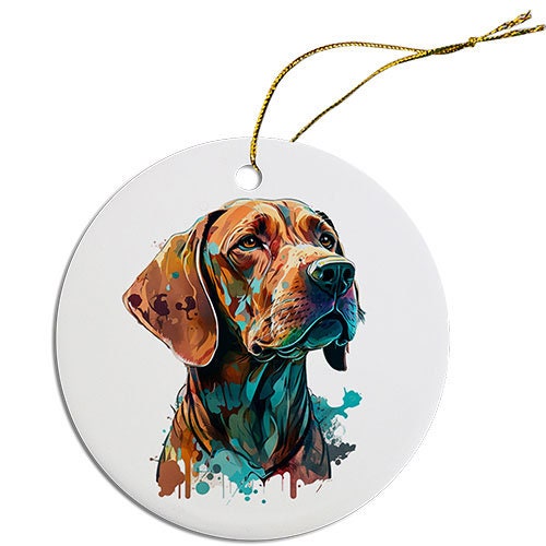 Ceramic round Christmas ornament featuring a Vizsla design with a golden string for hanging.