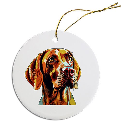 Ceramic round Christmas ornament featuring a Vizsla design with a golden string for hanging.