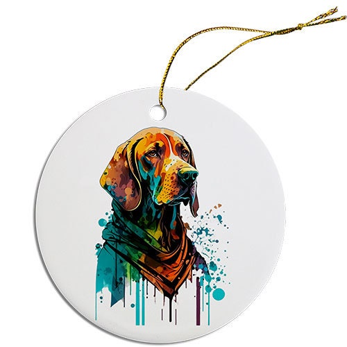 Ceramic round Christmas ornament featuring a Vizsla design with a golden string for hanging.