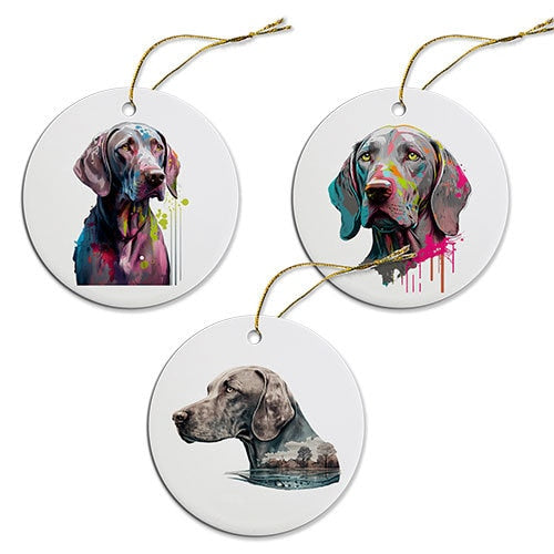 Ceramic round Christmas ornament featuring a Weimaraner dog, with a golden string for hanging.