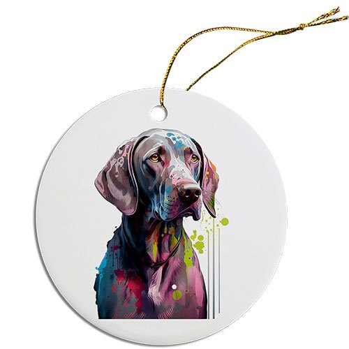 Ceramic round Christmas ornament featuring a Weimaraner dog, with a golden string for hanging.