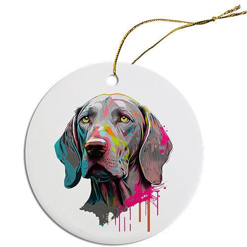 Ceramic round Christmas ornament featuring a Weimaraner dog, with a golden string for hanging.