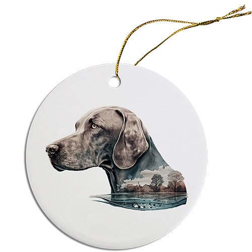 Ceramic round Christmas ornament featuring a Weimaraner dog, with a golden string for hanging.
