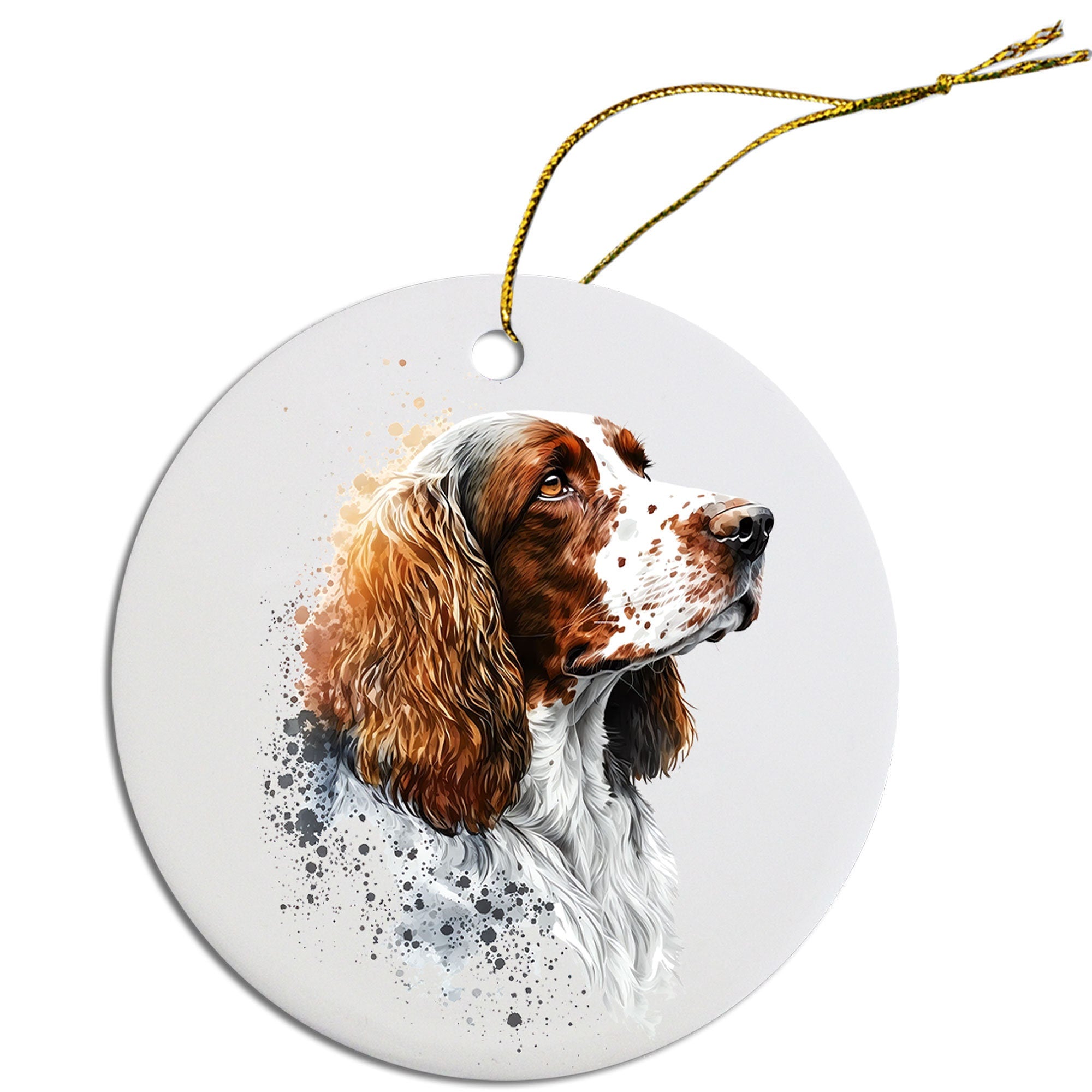 Ceramic round Christmas ornament featuring a Welsh Springer Spaniel design with a golden string.
