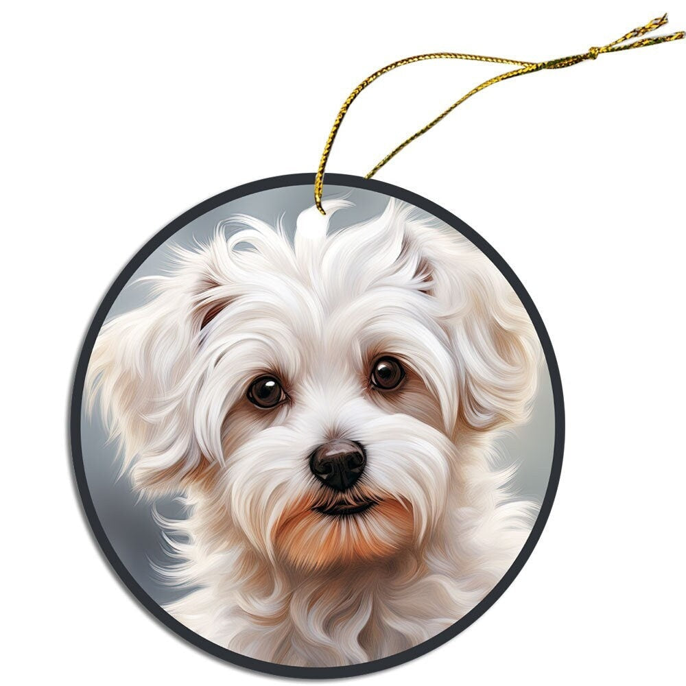 Ceramic round Christmas ornament featuring a Westiepoo design with a golden string for hanging.