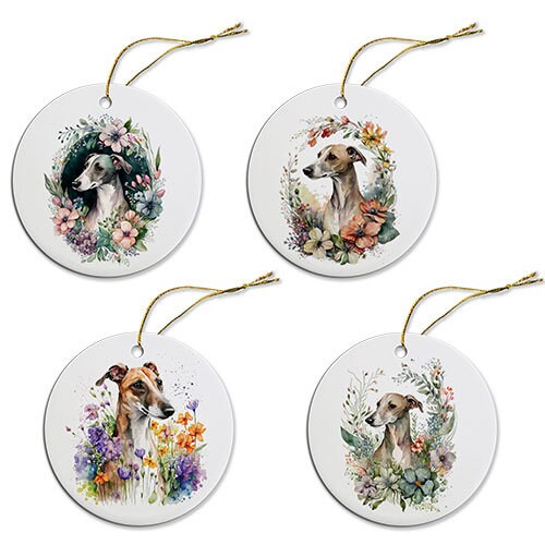 Ceramic round Christmas ornament featuring a Whippet design, lightweight and durable with a golden string.