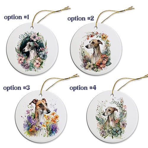 Ceramic round Christmas ornament featuring a Whippet design, lightweight and durable with a golden string.