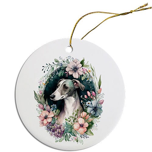 Ceramic round Christmas ornament featuring a Whippet design, lightweight and durable with a golden string.