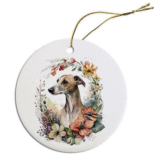 Ceramic round Christmas ornament featuring a Whippet design, lightweight and durable with a golden string.