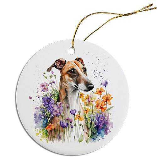 Ceramic round Christmas ornament featuring a Whippet design, lightweight and durable with a golden string.