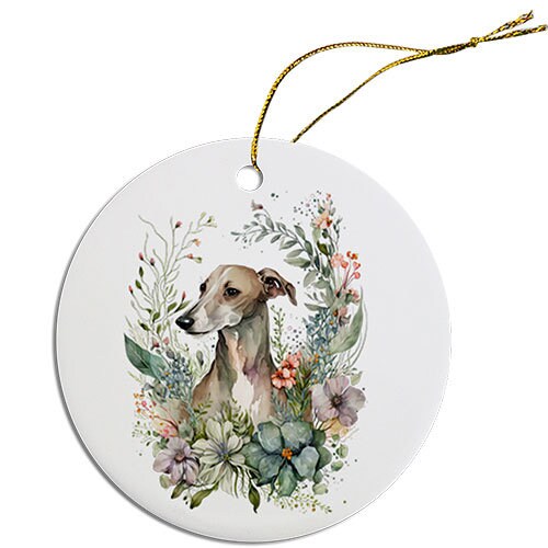 Ceramic round Christmas ornament featuring a Whippet design, lightweight and durable with a golden string.