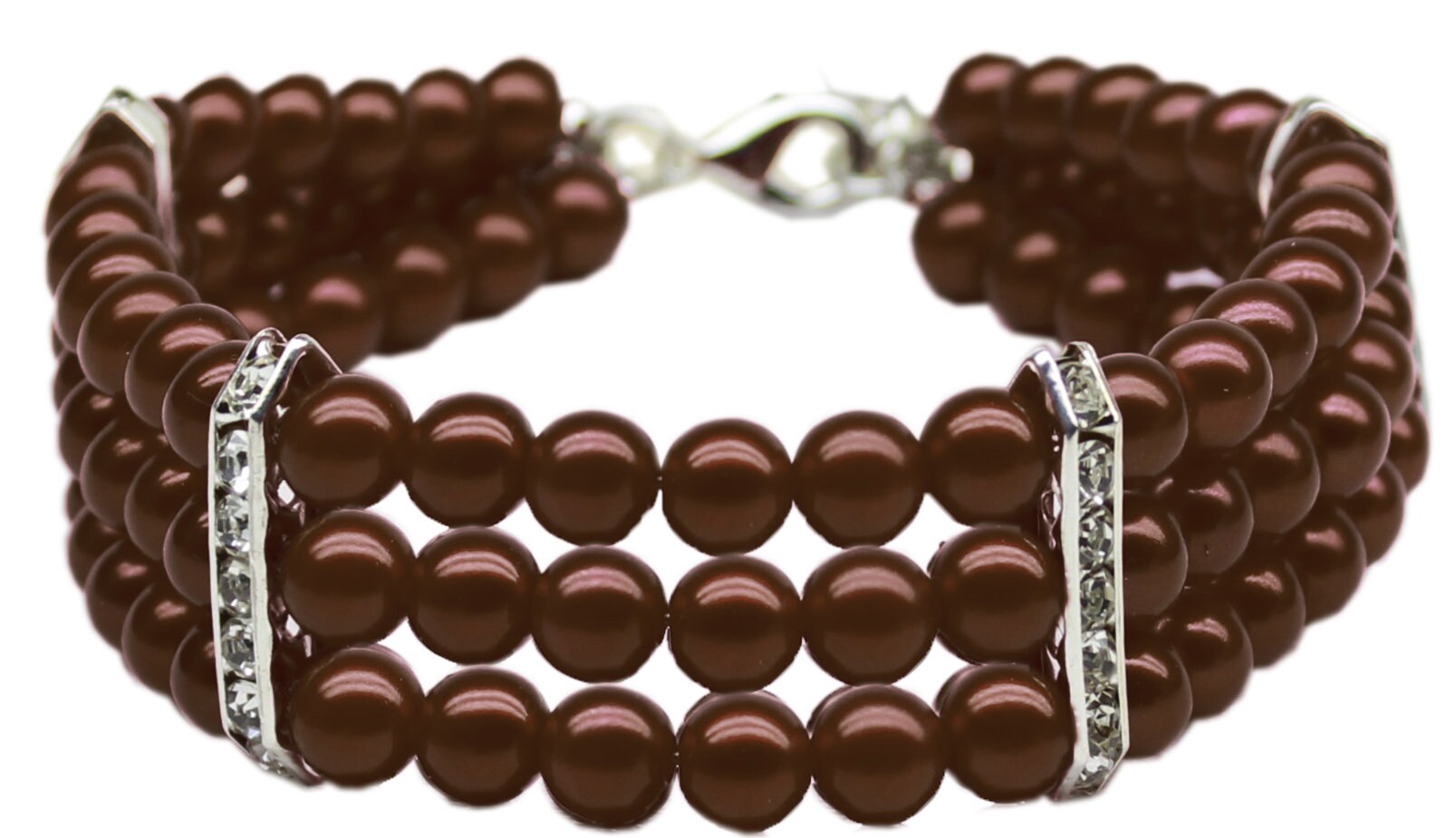 Three Row Pearl Necklace for dogs and cats featuring elegant pearls and rhinestone bars, showcasing a stylish design.