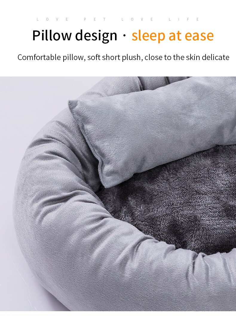 Cute round pet bed for dogs and cats, featuring a soft pillow and warm fabric, perfect for winter use.