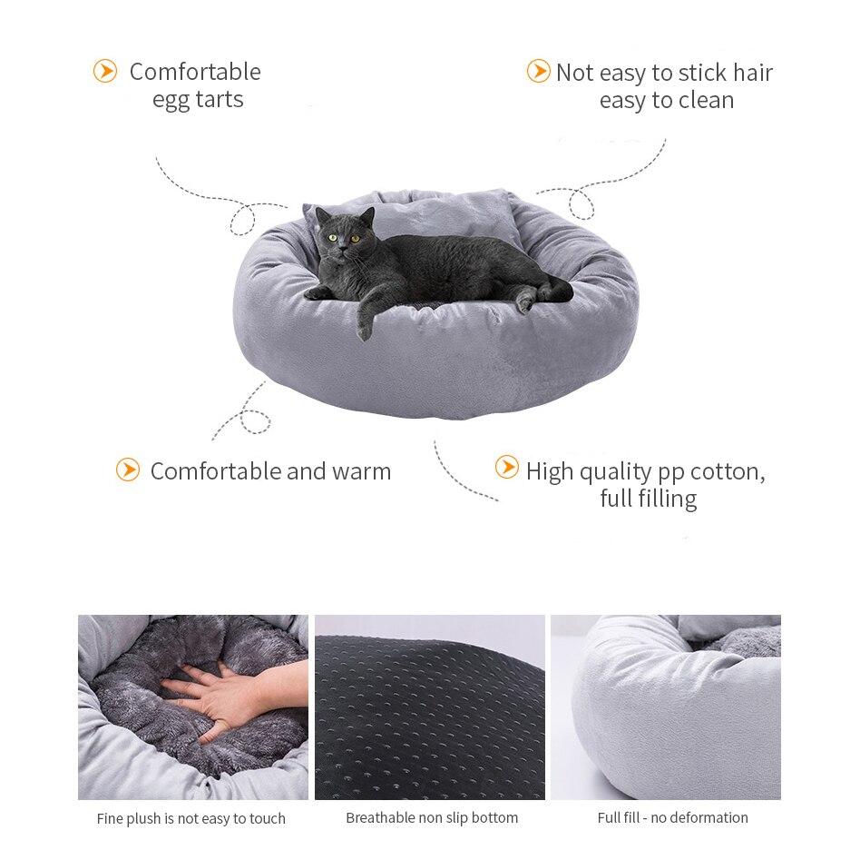 Cute round pet bed for dogs and cats, featuring a soft pillow and warm fabric, perfect for winter use.