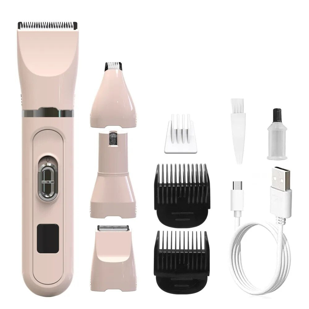 Rechargeable low noise dog clippers with stainless steel blades and guide combs for pet grooming.