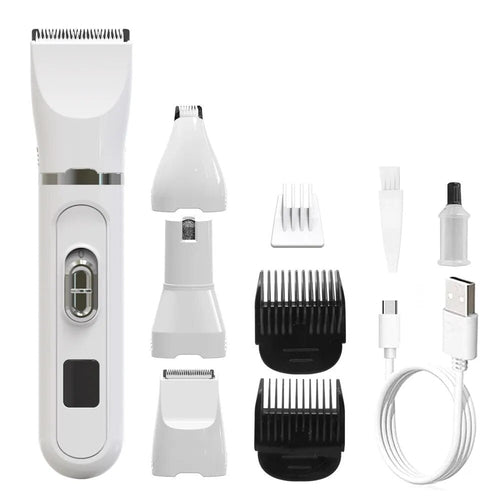 Rechargeable low noise dog clippers with stainless steel blades and guide combs for pet grooming.