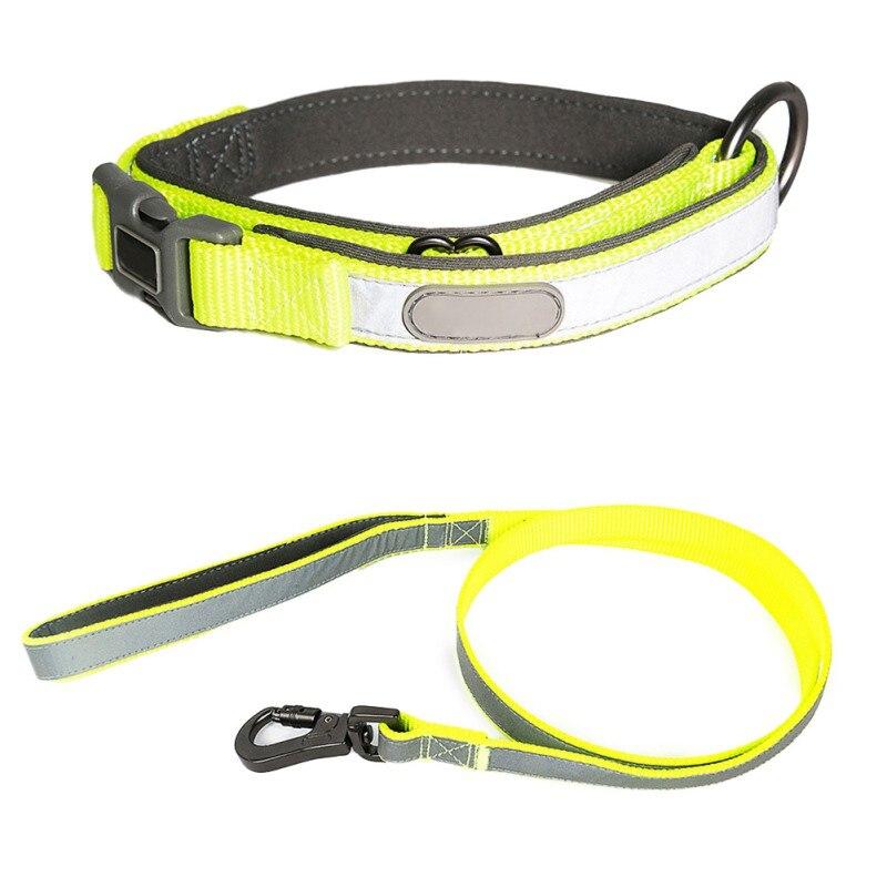 Reflective dog collar and leash set for small to large dogs, featuring a personalized dog tag and durable cloth material.