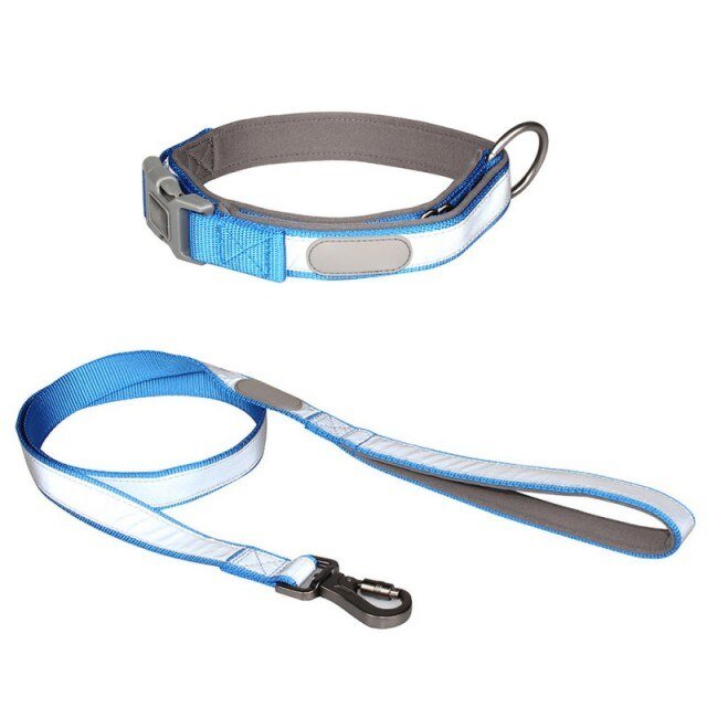 Reflective dog collar and leash set for small to large dogs, featuring a personalized dog tag and durable cloth material.
