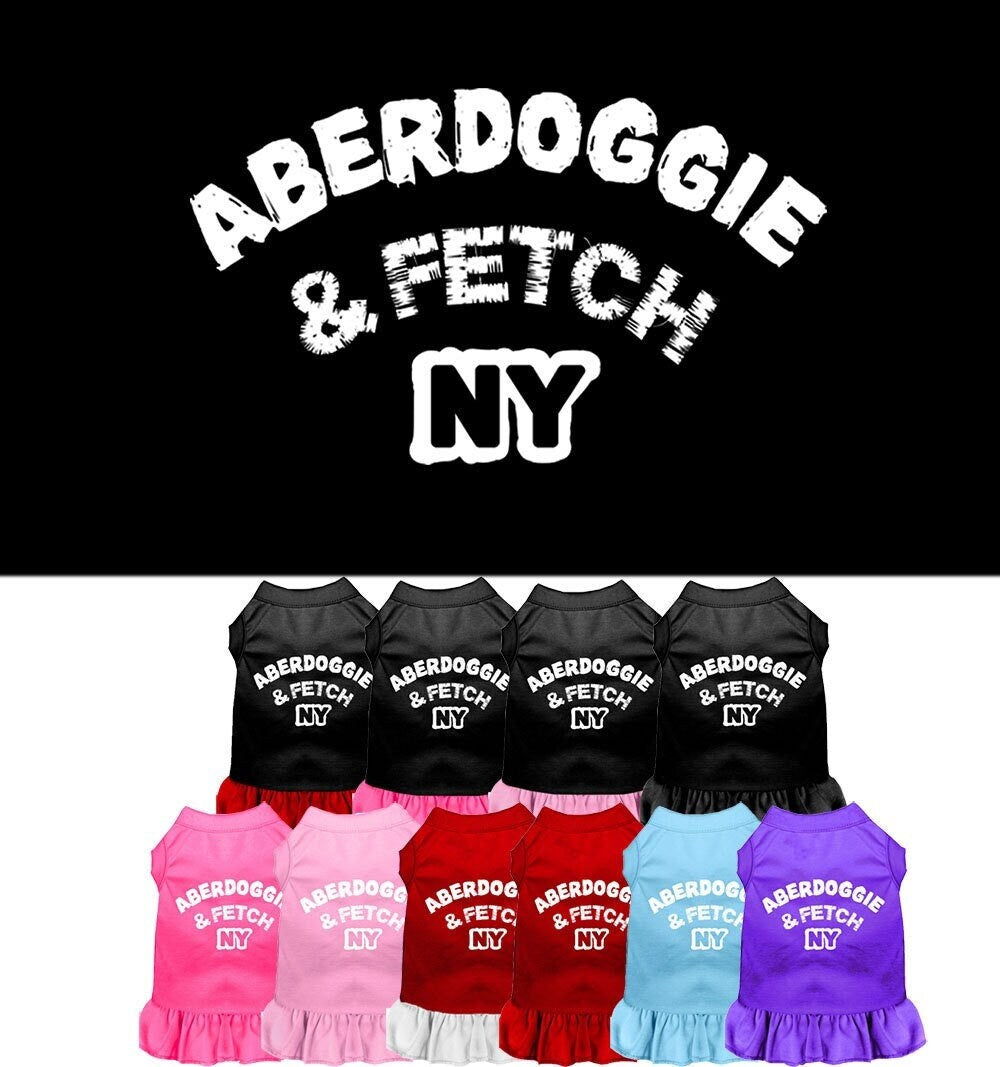 A stylish Aberdoggie dog dress featuring a cute ruffle design, made from soft poly/cotton blend fabric, perfect for small dogs.