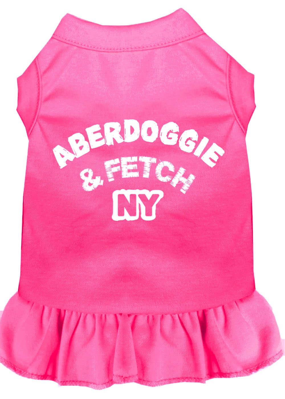 A stylish Aberdoggie dog dress featuring a cute ruffle design, made from soft poly/cotton blend fabric, perfect for small dogs.