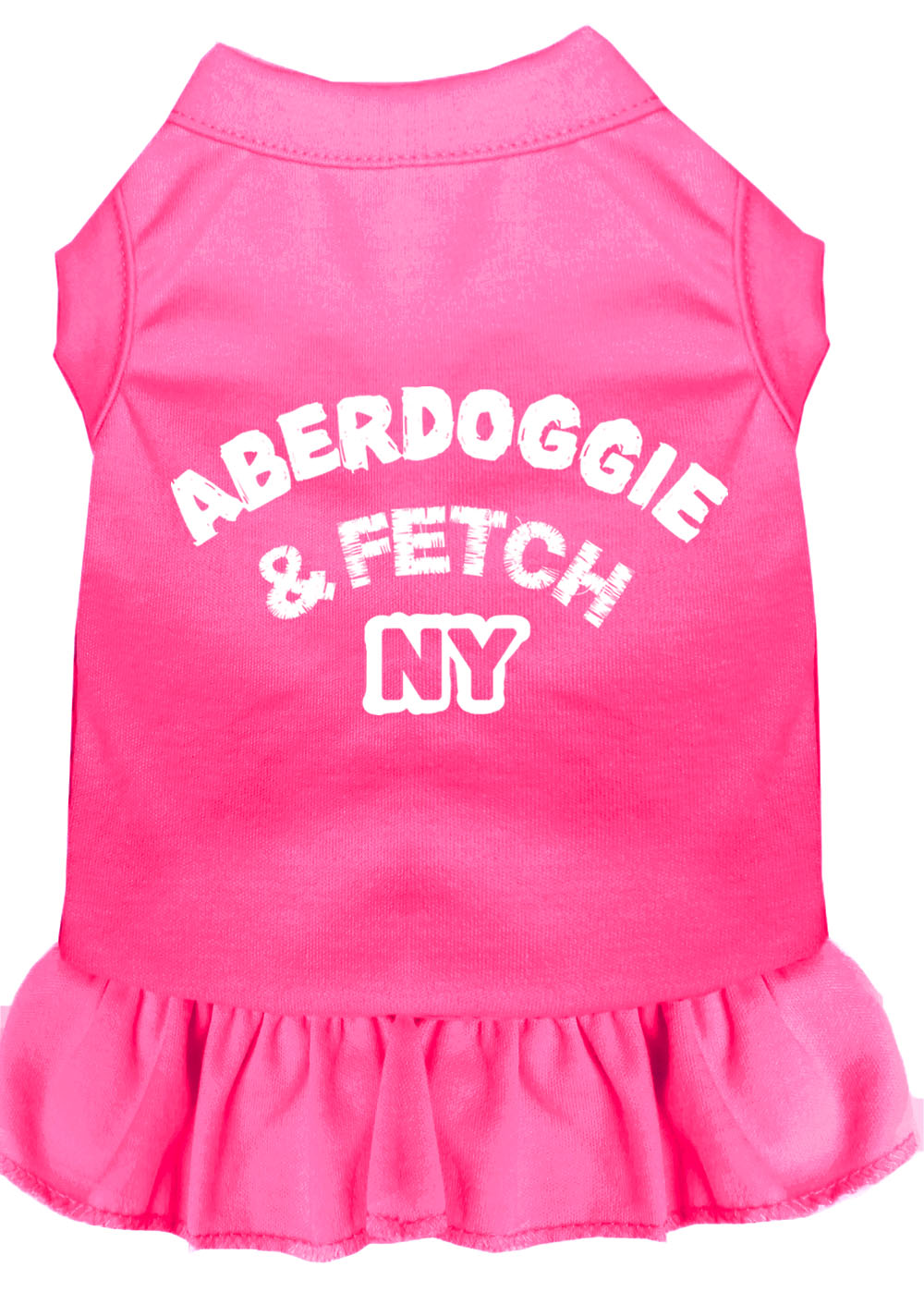 A stylish Aberdoggie dog dress featuring a cute ruffle design, made from soft poly/cotton blend fabric, perfect for small dogs.